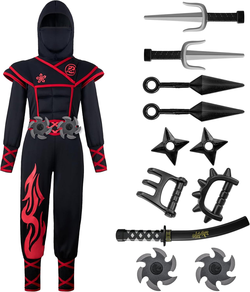 Ninja Costume Kids, Muscle Ninja Deluxe Set, Toddler Unisex Kungfu Halloween Costumes with Foam Accessories for Halloween Themed Parties, Red, L