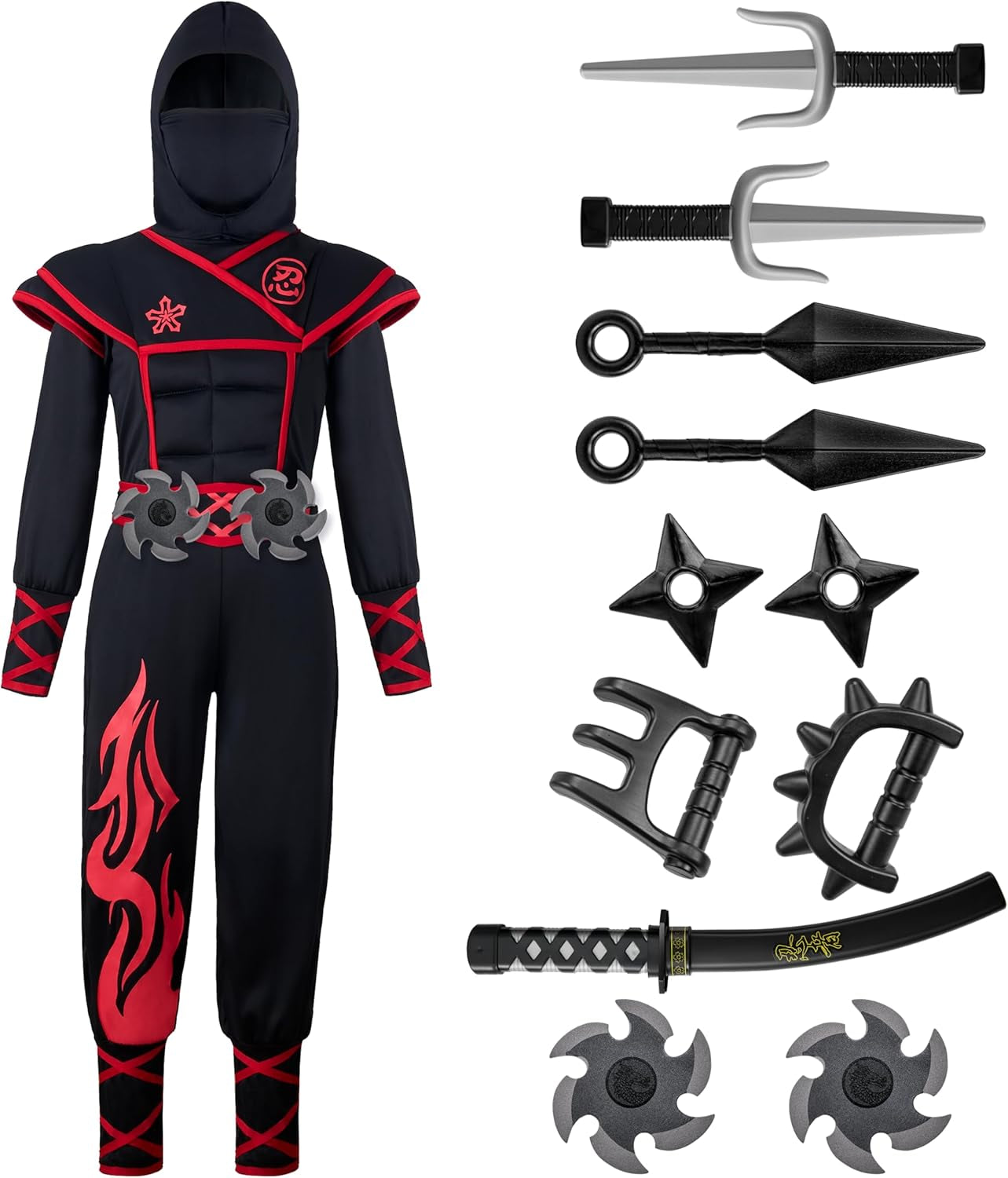 Ninja Costume Kids, Muscle Ninja Deluxe Set, Toddler Unisex Kungfu Halloween Costumes with Foam Accessories for Halloween Themed Parties, Red, L