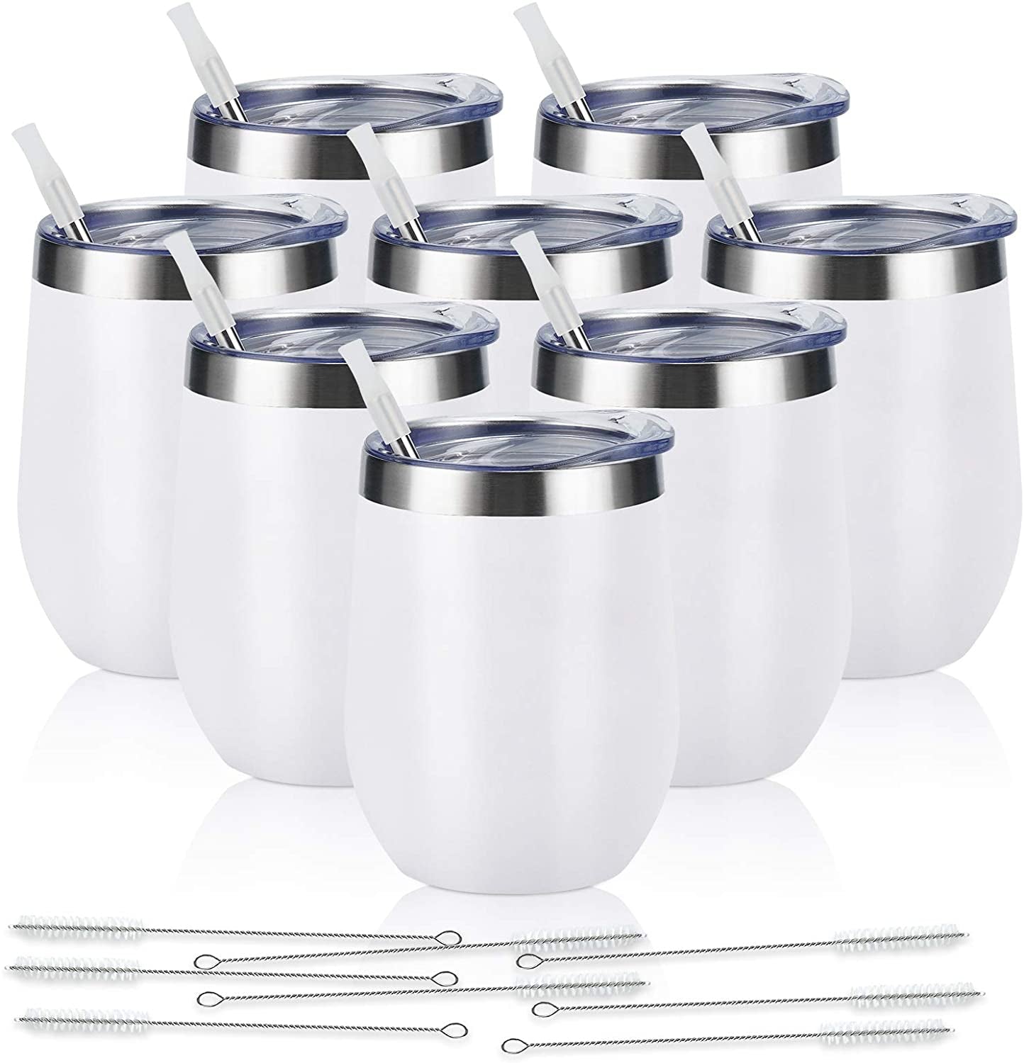 8 Pack 12Oz Stainless Steel Wine Tumblers, Insulated Wine Tumbler, Double Wall Insulated Wine Glass, Stainless Steel Stemless Wine Cups with Lids for Coffee, Wine, Cocktails, Champaign, White