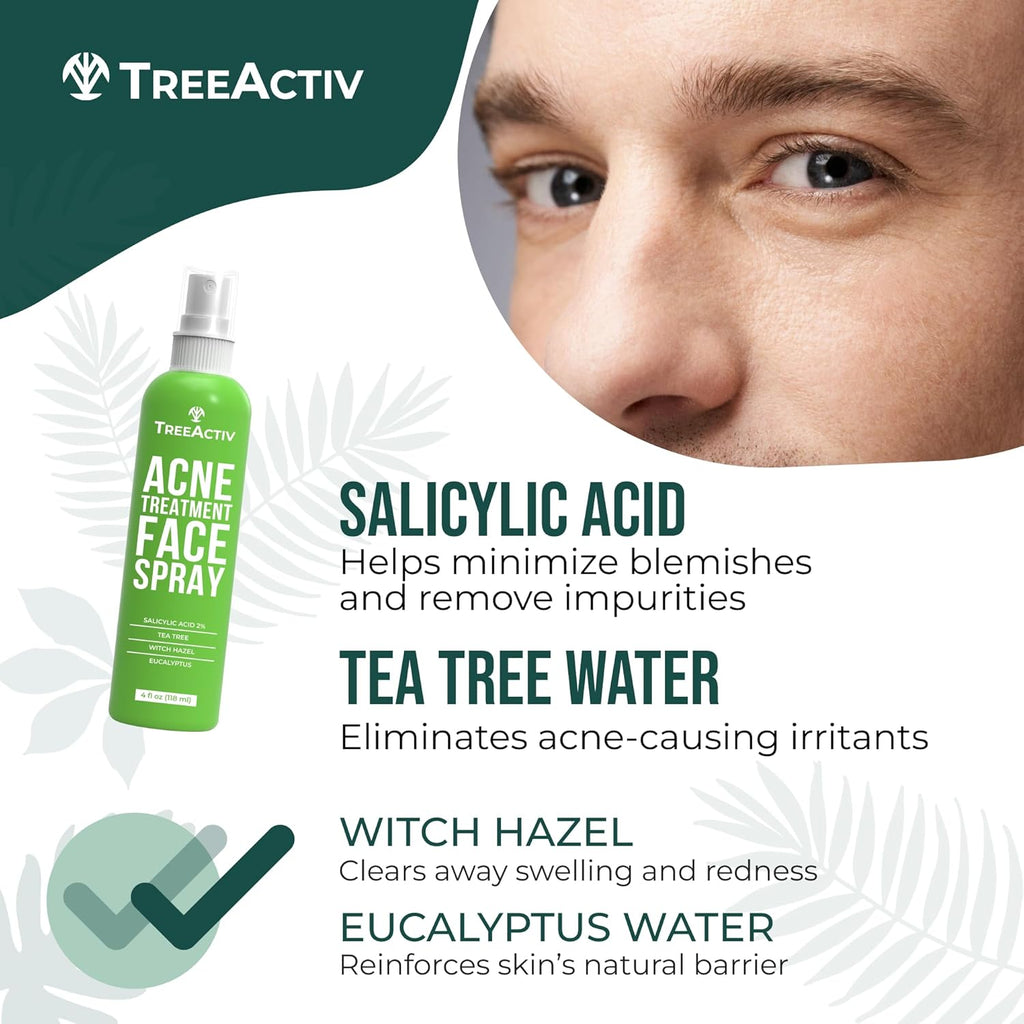 Acne Treatment Face Spray, 4 Fl Oz Facial Spray with Witch Hazel, Salicylic Acid for Acne Prone and Oily Skin, for Hormonal, Severe Cystic Acne, Skin Clearing Toner, 1000 Sprays