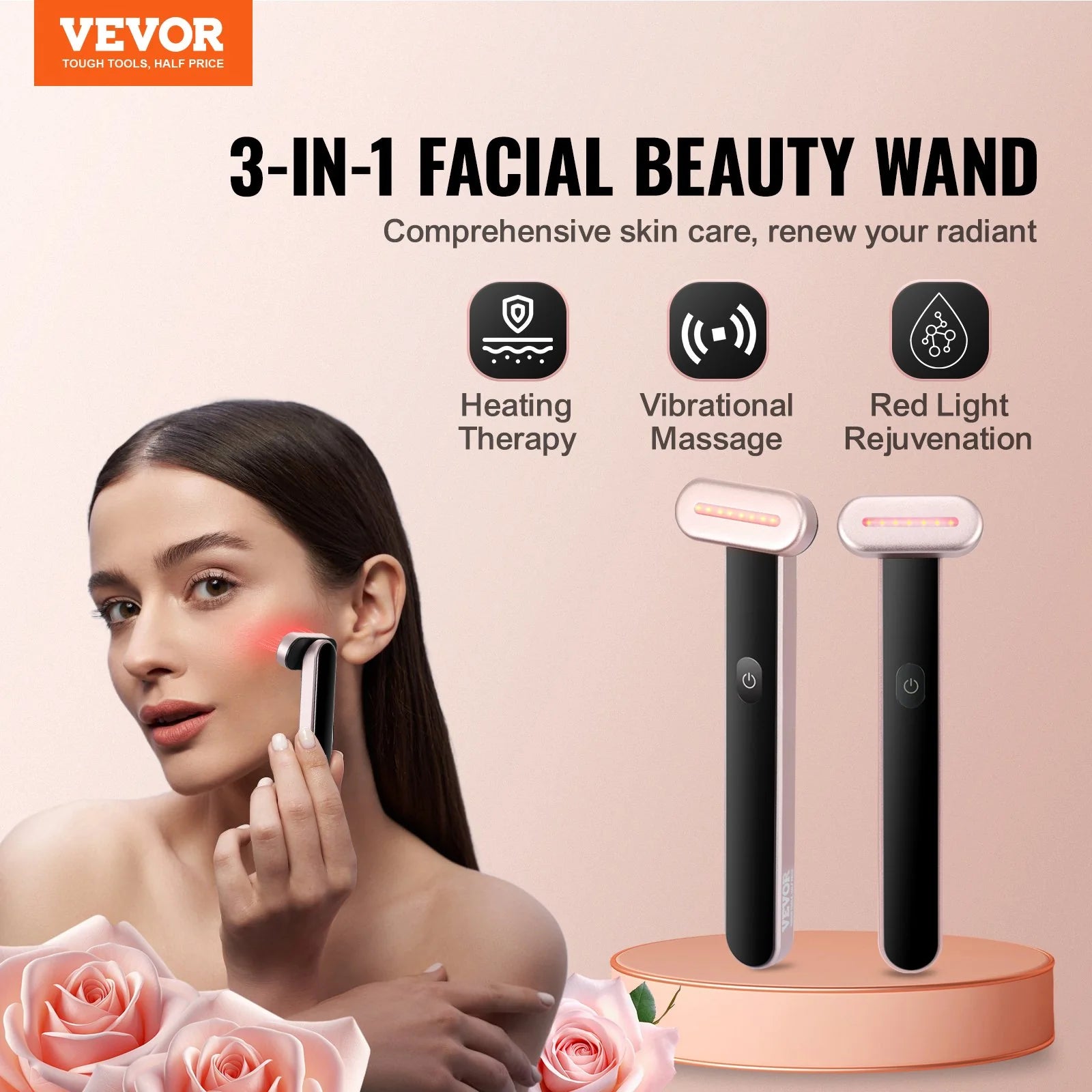 Red Light Therapy Wand for Face and Neck - 3-in-1 LED Device with Heating and Vibrating Massage Features, Portable Beauty Tool