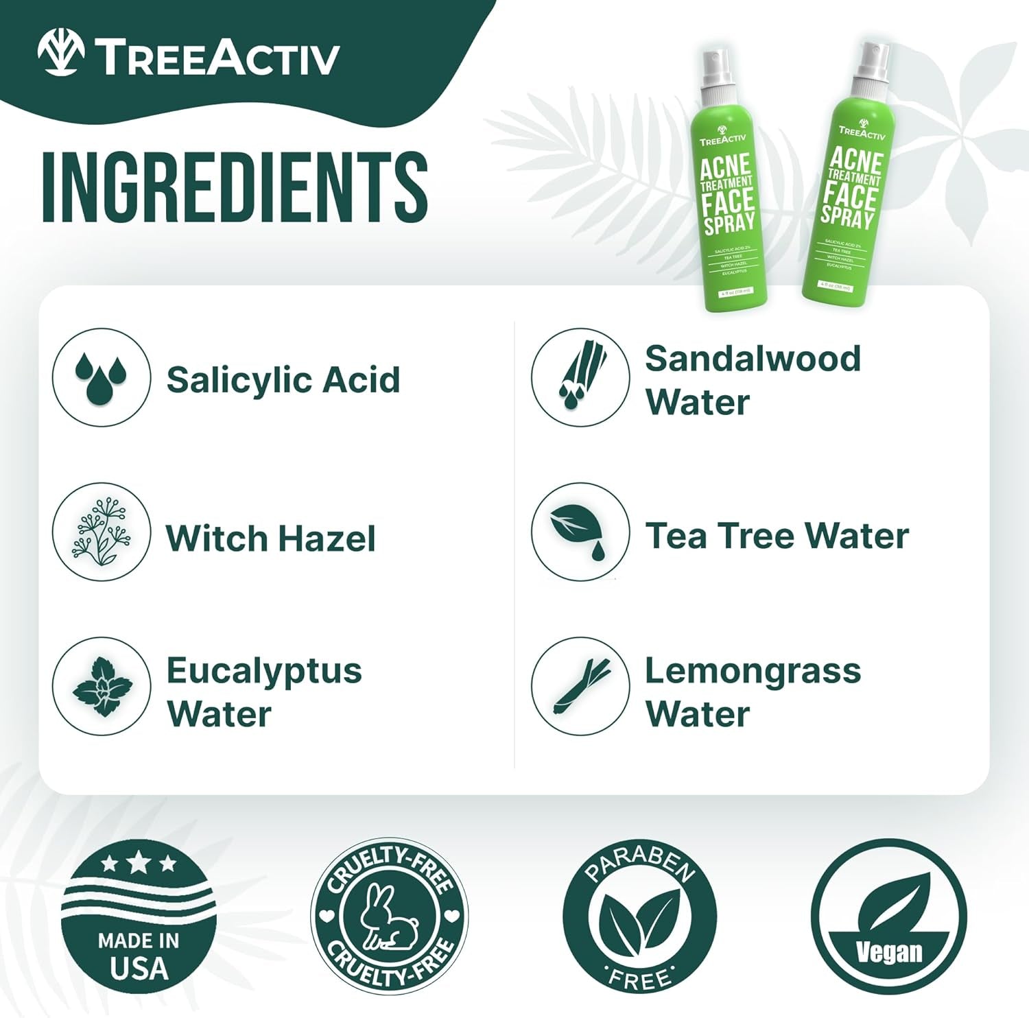 Acne Treatment Face Spray, 4 Fl Oz Facial Spray with Witch Hazel, Salicylic Acid for Acne Prone and Oily Skin, for Hormonal, Severe Cystic Acne, Skin Clearing Toner, 1000 Sprays