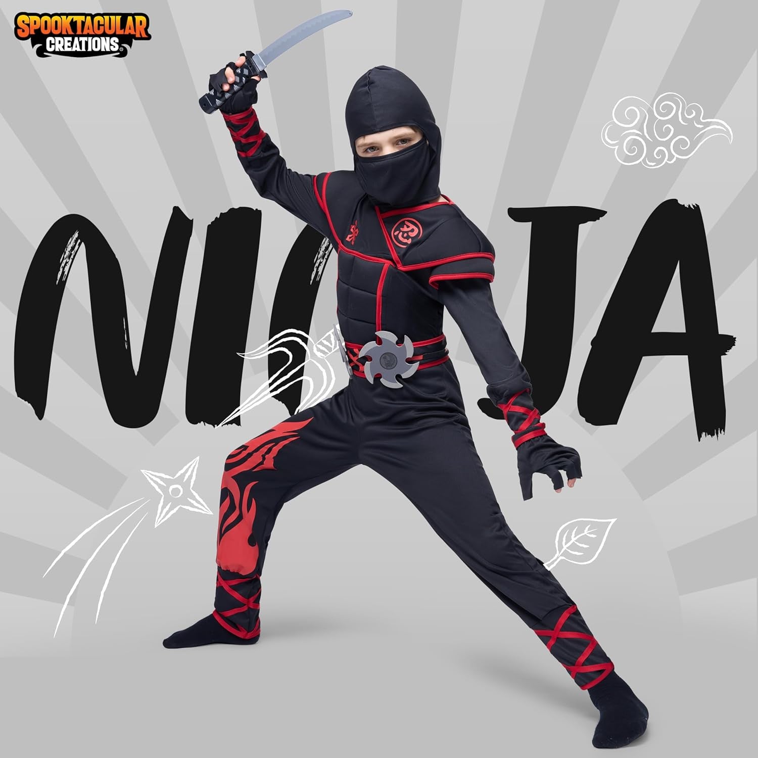 Ninja Costume Kids, Muscle Ninja Deluxe Set, Toddler Unisex Kungfu Halloween Costumes with Foam Accessories for Halloween Themed Parties, Red, L