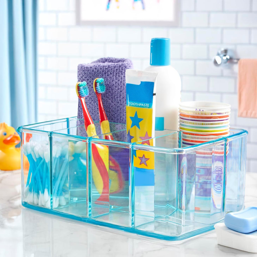5-Compartment Plastic Organizer, Ocean Mist, Rectangular Divided Makeup and Vanity Storage Bin and Office Desk Caddy, Scalloped Wall Design, Made in USA