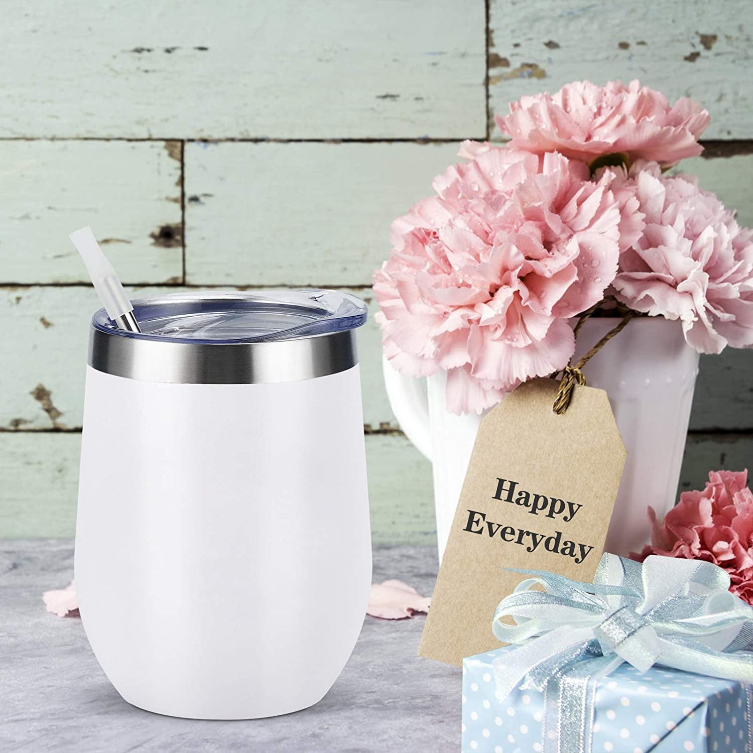 8 Pack 12Oz Stainless Steel Wine Tumblers, Insulated Wine Tumbler, Double Wall Insulated Wine Glass, Stainless Steel Stemless Wine Cups with Lids for Coffee, Wine, Cocktails, Champaign, White