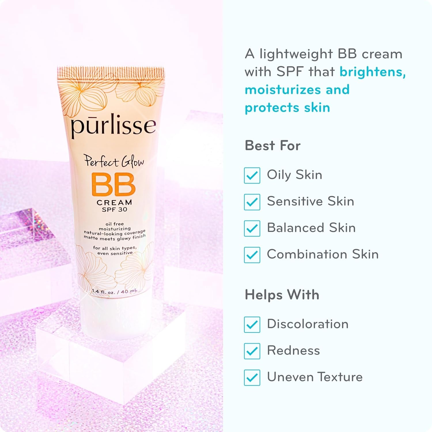 Perfect Glow BB Cream with SPF 30 - Matte Meets Dewy Finish - Enriched with Goji & Hawthorn Berry to Help Improve Skin Texture & Radiance - Light (1.4 Oz)