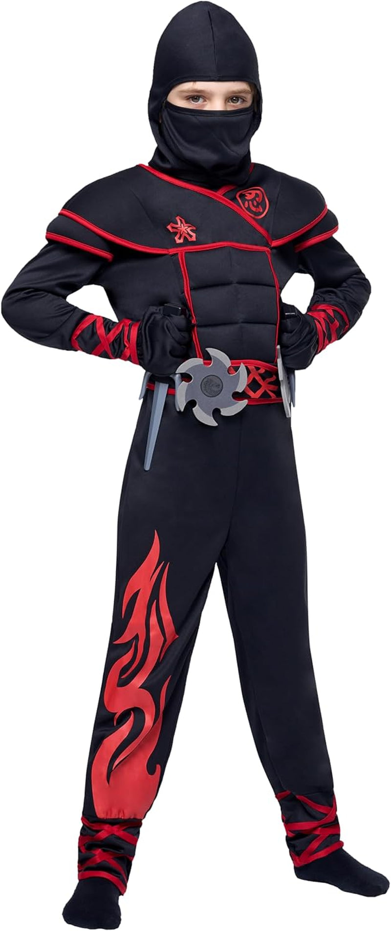 Ninja Costume Kids, Muscle Ninja Deluxe Set, Toddler Unisex Kungfu Halloween Costumes with Foam Accessories for Halloween Themed Parties, Red, L