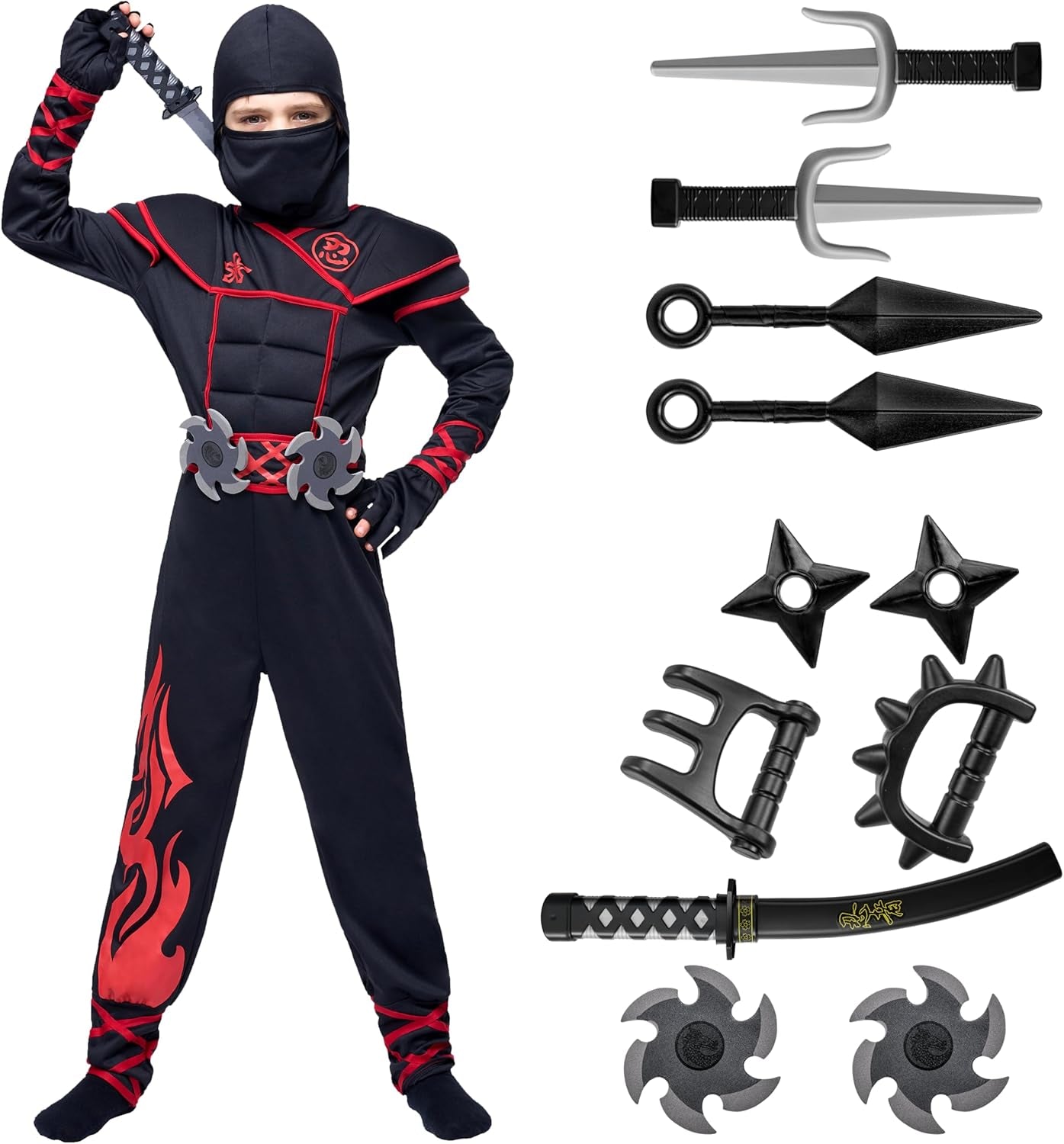 Ninja Costume Kids, Muscle Ninja Deluxe Set, Toddler Unisex Kungfu Halloween Costumes with Foam Accessories for Halloween Themed Parties, Red, L