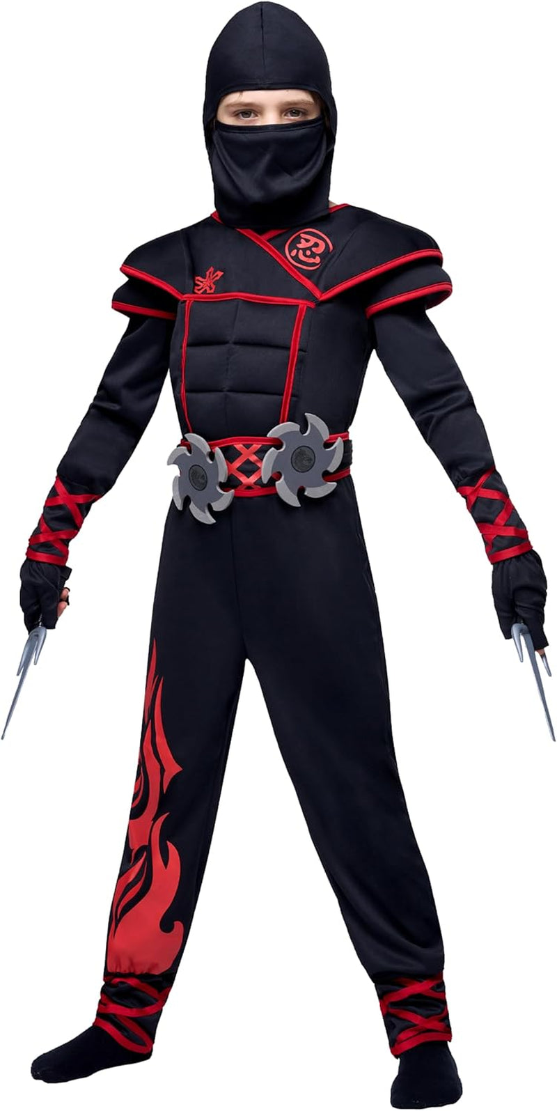 Ninja Costume Kids, Muscle Ninja Deluxe Set, Toddler Unisex Kungfu Halloween Costumes with Foam Accessories for Halloween Themed Parties, Red, L