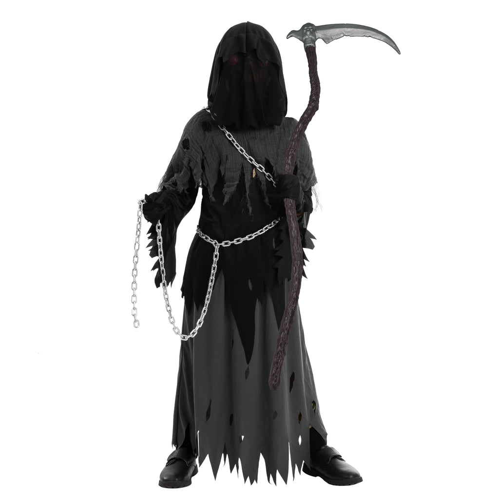 Child Glowing Eyes Grim Reaper Costume, Phantom Costume for Kids Halloween Fancy Dress up 5-12 Years