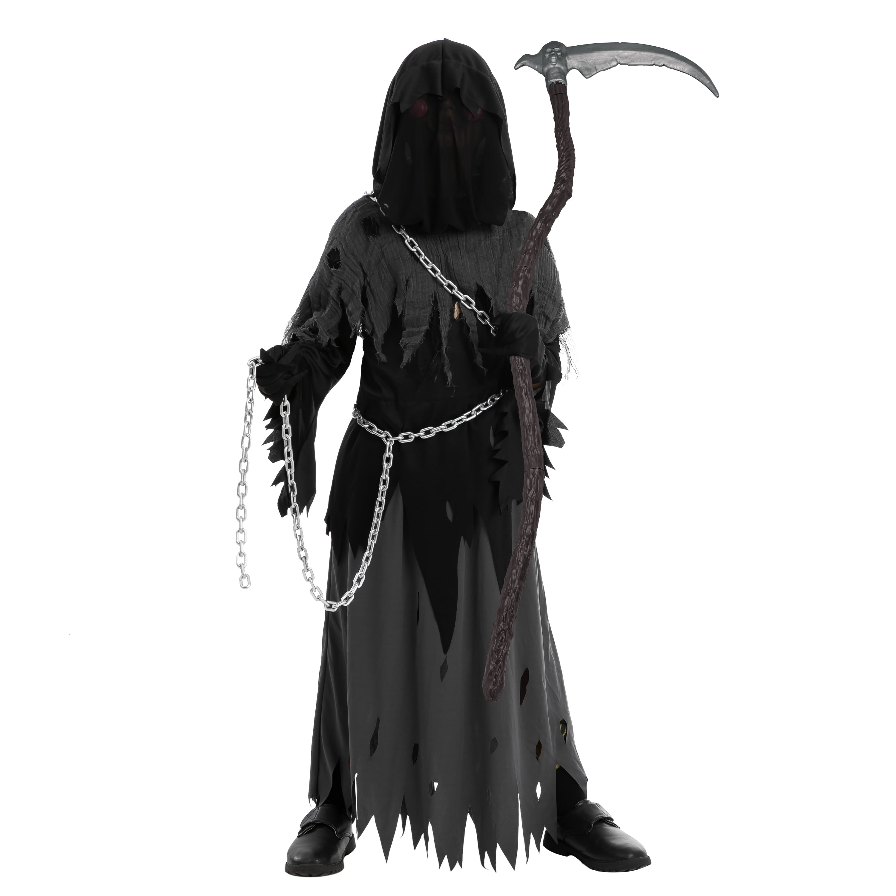 Child Glowing Eyes Grim Reaper Costume, Phantom Costume for Kids Halloween Fancy Dress up 5-12 Years