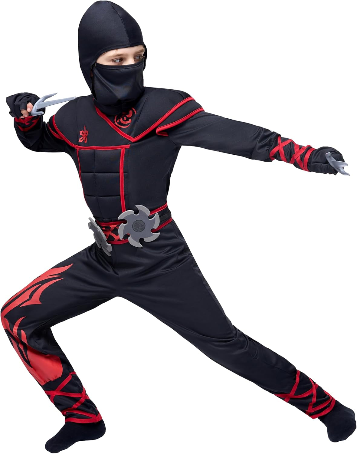 Ninja Costume Kids, Muscle Ninja Deluxe Set, Toddler Unisex Kungfu Halloween Costumes with Foam Accessories for Halloween Themed Parties, Red, L